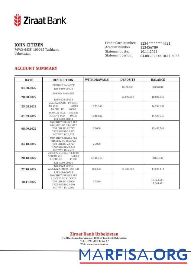 Downloadable Uzbekistan Ziraat bank statement word template